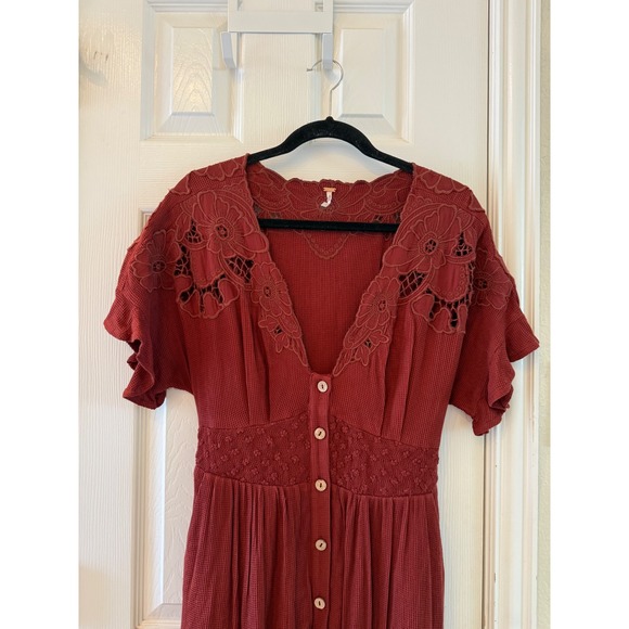 Free People Collette Maxi Dress M Rust Lace Boho Button Front Romantic Cottage - Picture 5 of 11